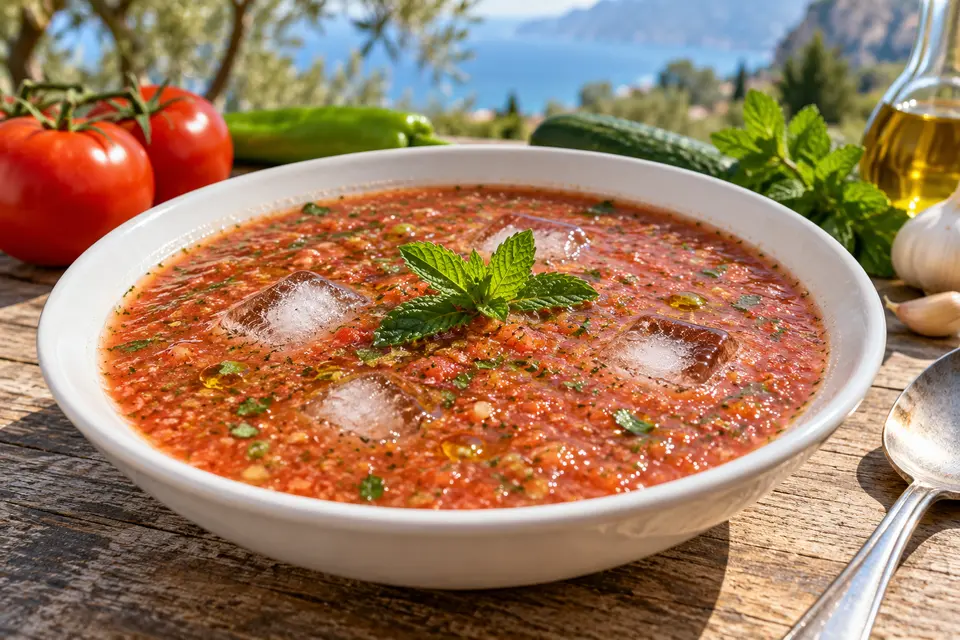 A white bowl of Antalya Bağ Salatası, a cold textured tomato and cucumber salad-soup with mint and ice cubes