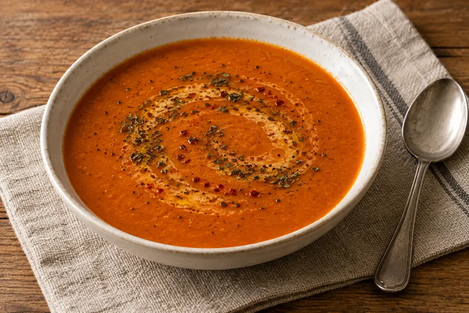 Bowl of smooth Turkish Tarhana Çorbası finished with melted butter, dried mint and mild red pepper flakes