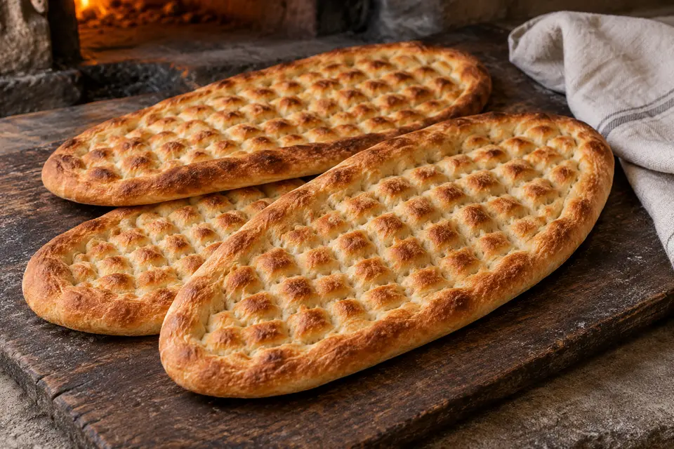 Trei lipii ovale aurii Antep Tırnaklı Pidesi cu model adânc încrucișat, imprimat cu degetele, pe un fund de brutar din lemn