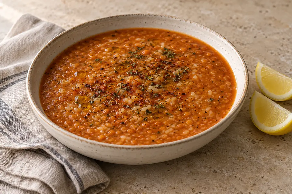 A bowl of rusty-red Ezogelin soup with visible lentils, rice and bulgur, finished with dried mint and pul biber beside lemon wedges