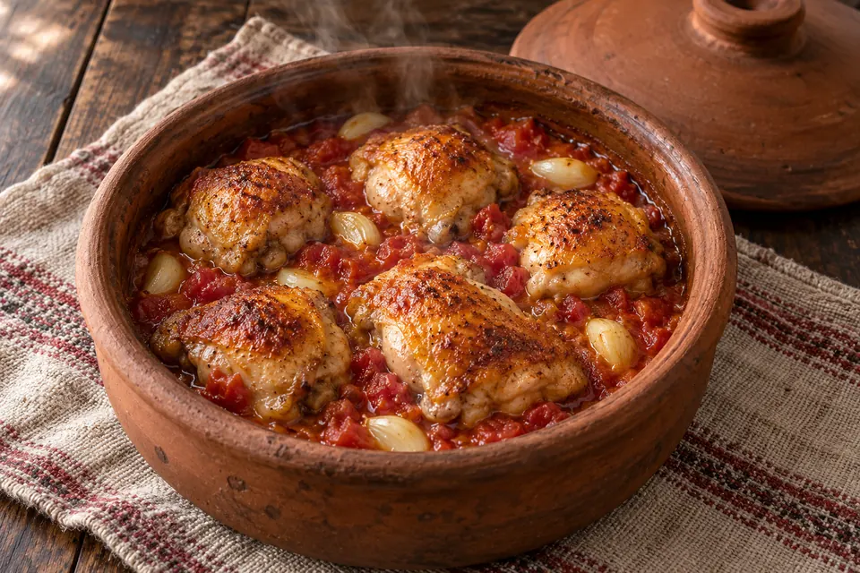 Denizli-style Tavuk Kapama with browned chicken thighs in a rustic clay casserole of tomato and garlic sauce