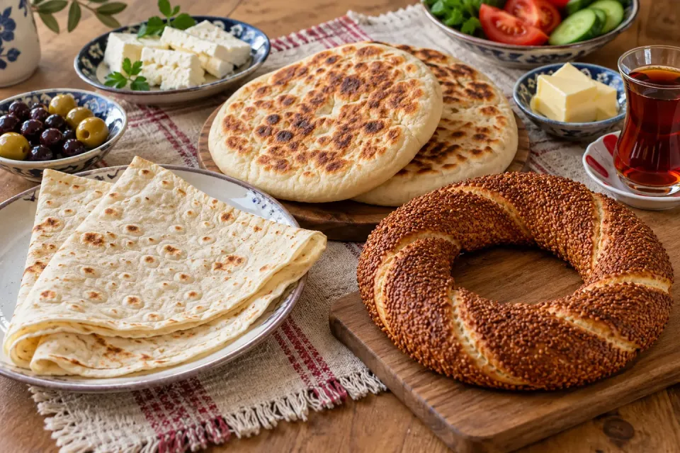 Turkish table with thin folded yufka, thick griddled bazlama and a sesame-coated simit beside cheese, olives and tea