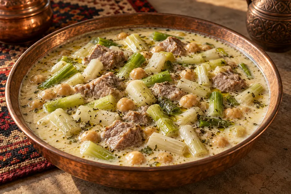 Ragoût Antep Şiveydizi d’agneau et de yaourt avec pois chiches, oignon nouveau et ail vert, nappé d’huile verte à la menthe