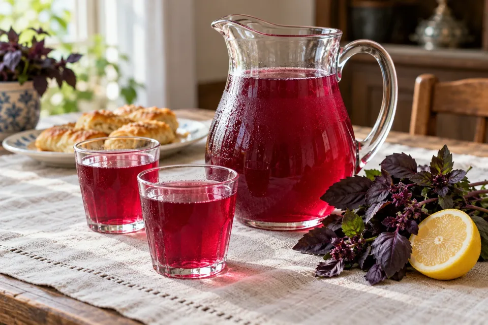 O carafă și două pahare cu şerbet roz-rubiniu din busuioc violet, lângă busuioc și lămâie, cu produse de patiserie cu brânză în fundal.
