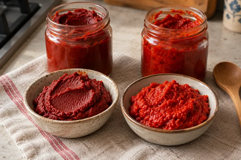 Two bowls and open jars of dark tomato paste and brighter red pepper paste on a kitchen cloth