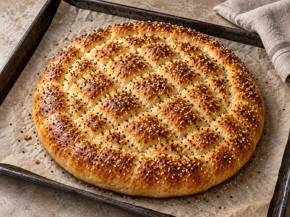 Ramazan Pidesi rotundă și aurie, cu model în romburi, susan și negrilică pe o tavă de copt