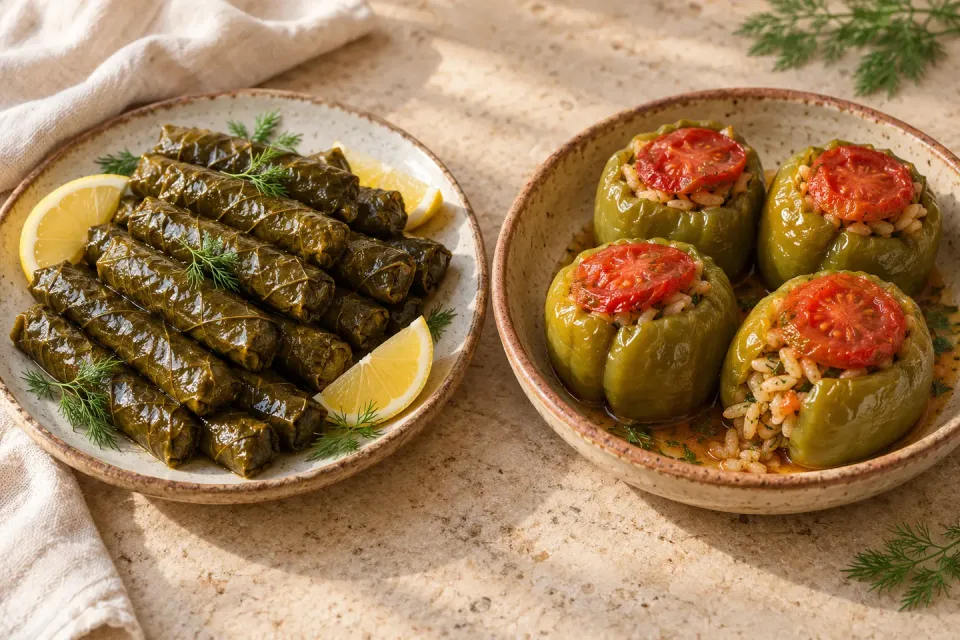 Two ceramic dishes on a Turkish table: glossy grape-leaf sarma with lemon and rice-filled green pepper dolma with tomato caps