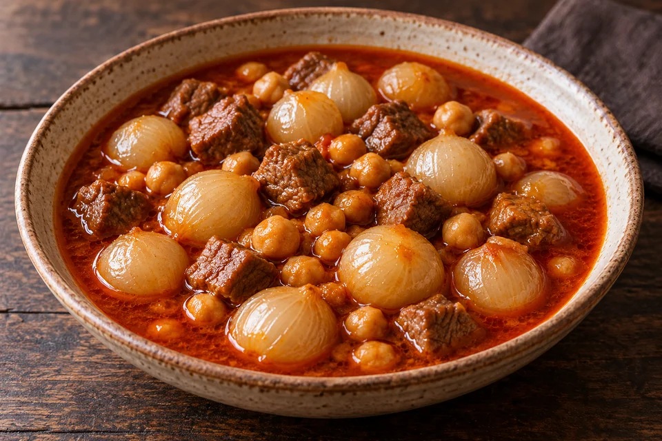 Denizli-style Soğan Aşı with whole small onions, chickpeas and tender meat cubes in a brick-red tomato and sweet-paprika broth