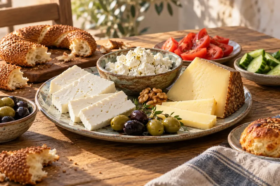 Turkish breakfast platter with sliced beyaz peynir, crumbly tulum, aged kaşar, olives, tomatoes, cucumber and simit