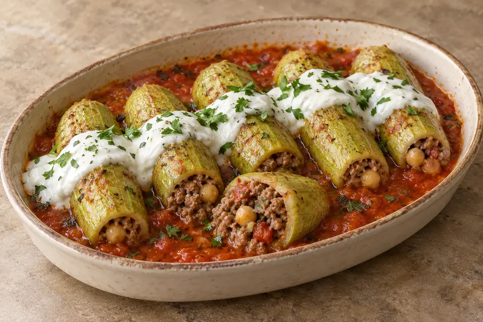 Kilis Şıhılmahşe avec petites courgettes vert pâle farcies d’agneau et de pois chiches, sauce tomate-menthe, yaourt à l’ail et persil