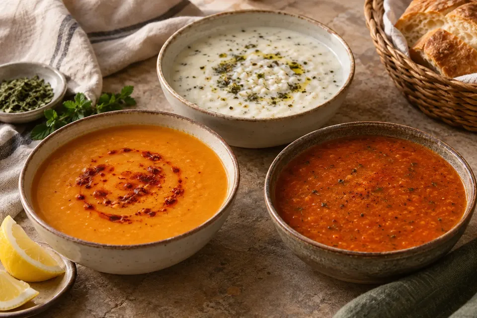 Three Turkish soups on a shared table: red lentil soup with lemon, yogurt and rice soup with mint, and rustic tarhana soup