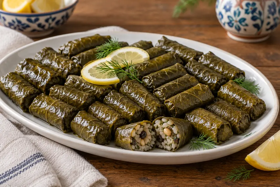 Türkische Zeytinyağlı Yaprak Sarma auf einer weißen Platte mit Zitrone; ein geöffnetes Weinblattröllchen zeigt Reis, Pinienkerne und Korinthen