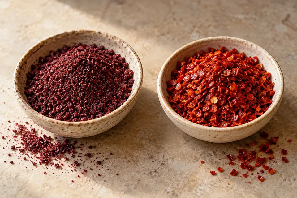 Two separate ceramic bowls, with dark burgundy ground sumac on the left and textured red pul biber flakes on the right, on a neutral kitchen surface.