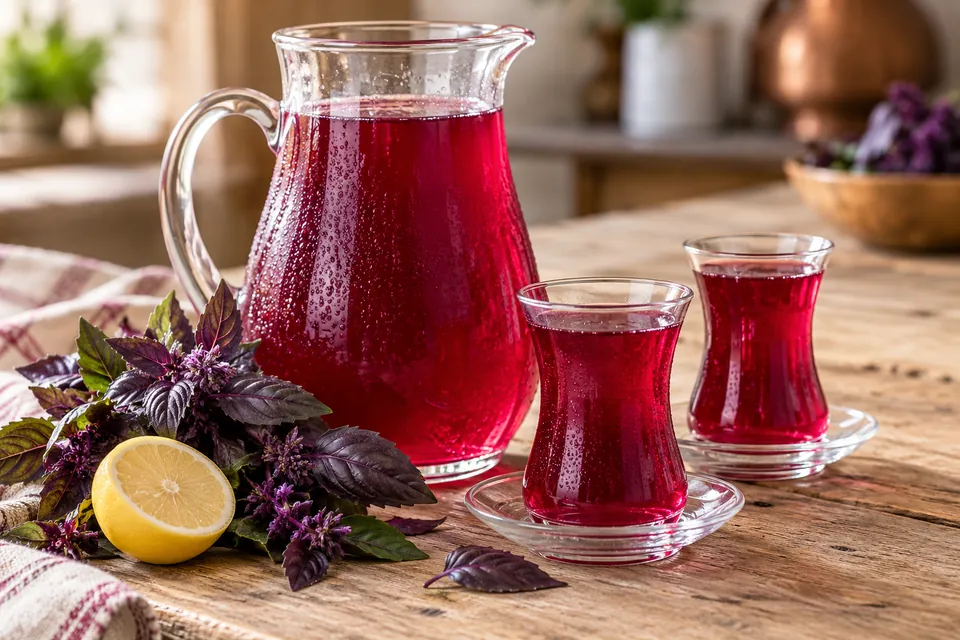 Ruby-red Turkish Reyhan Şerbeti in a glass pitcher and two tulip-shaped glasses beside fresh purple basil and lemon