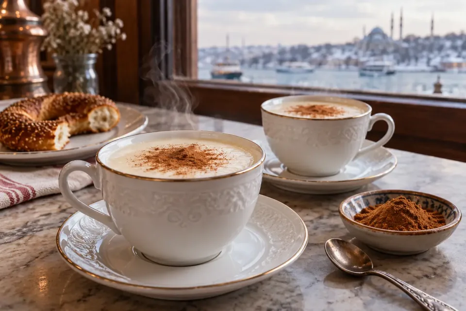 Două cești de porțelan cu salep ivoriu aburind, presărat cu scorțișoară, lângă un bol de scorțișoară și simit la fereastra unei cafenele iarna