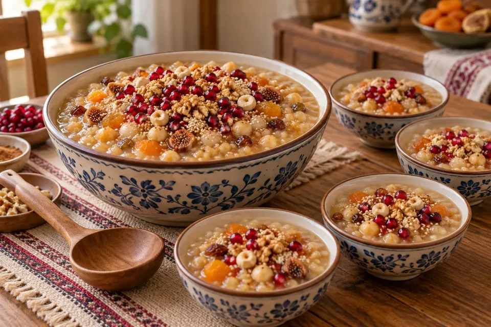 A large bowl of Turkish aşure with wheat, chickpeas, dried fruit, walnuts, sesame and pomegranate surrounded by smaller bowls for sharing