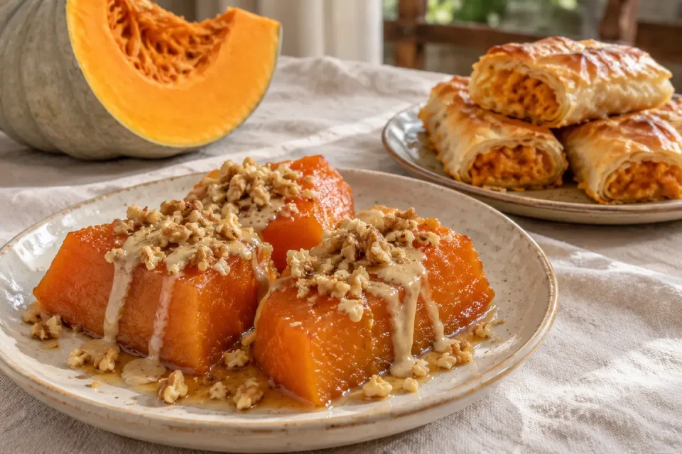 Dessert de potiron au tahin et aux noix à côté de rouleaux de yufka sucrés au potiron et d’une courge d’hiver coupée