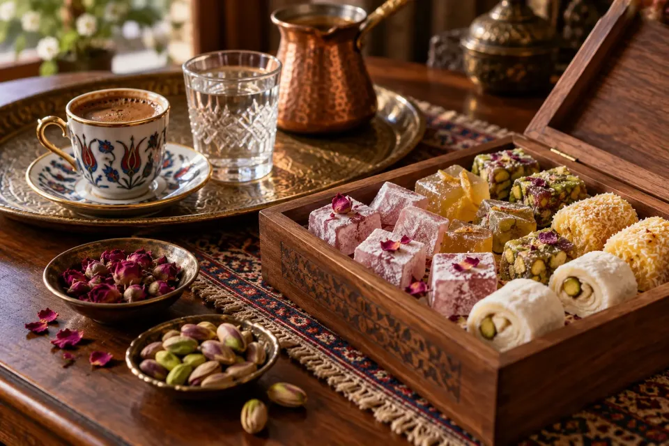 Assortiment de lokums à la rose, aux agrumes et à la pistache avec des rouleaux de lokum, du café turc et de l’eau sur un plateau en laiton