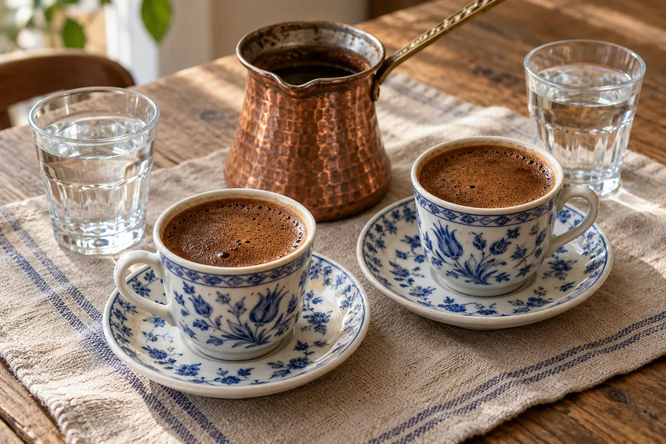 Two small blue-and-white porcelain cups of foamy Turkish coffee on saucers, with a copper cezve and two glasses of water on a linen-covered table.