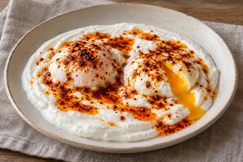 Two poached eggs over thick garlic yogurt on a cream ceramic plate, topped with red pul biber butter; one egg is opened to show its golden yolk.