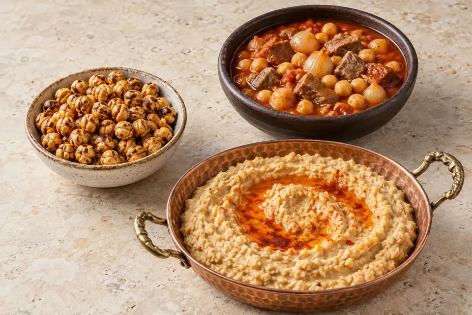 Roasted leblebi, warm rustic chickpea humus with red pepper oil, and a meat, onion and chickpea stew on a table