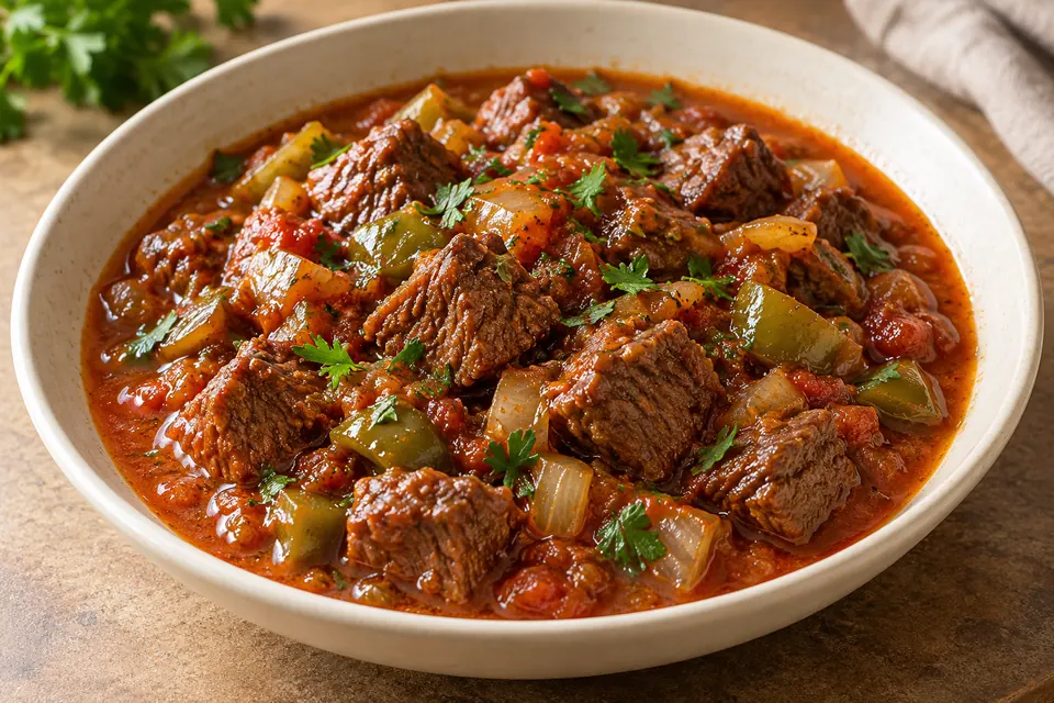 Tas kebabı in a shallow ceramic bowl, with tender beef cubes, softened onion and green pepper in red-brown tomato sauce, lightly sprinkled with parsley.