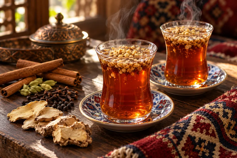 Two steaming glasses of amber Adana Kaynar topped with crushed walnuts beside cinnamon, cardamom, cloves, peppercorns, ginger and galangal