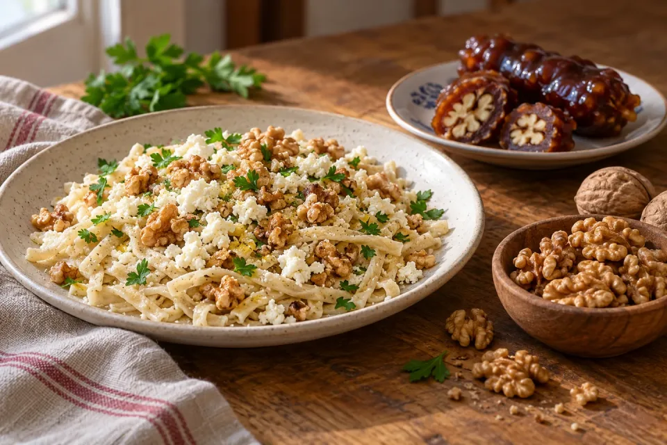 Walnut and white-cheese erişte beside walnut kernels and sliced grape-coated walnut sweets.