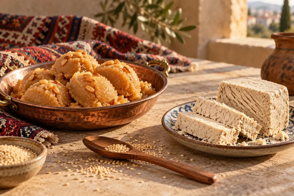Golden semolina helva with pine nuts beside slices of fibrous tahini helva on a Turkish-style table