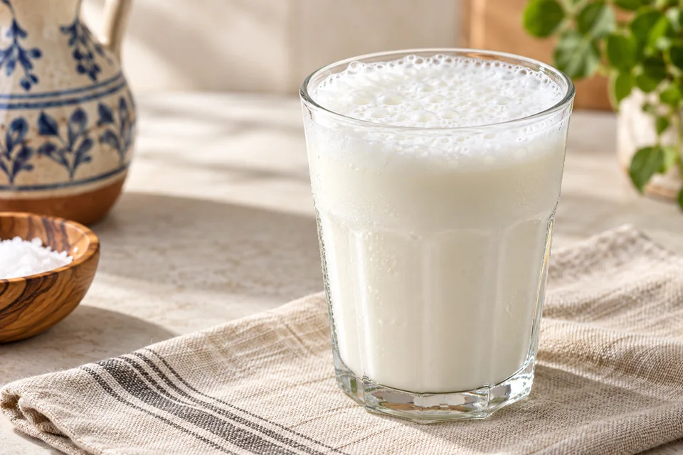 A glass of frothy white Turkish ayran on a neutral linen-covered table