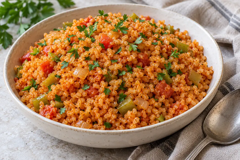 Orange-red coarse bulgur pilaf with softened tomato, onion and diced green pepper, lightly scattered with parsley in a shallow white bowl.