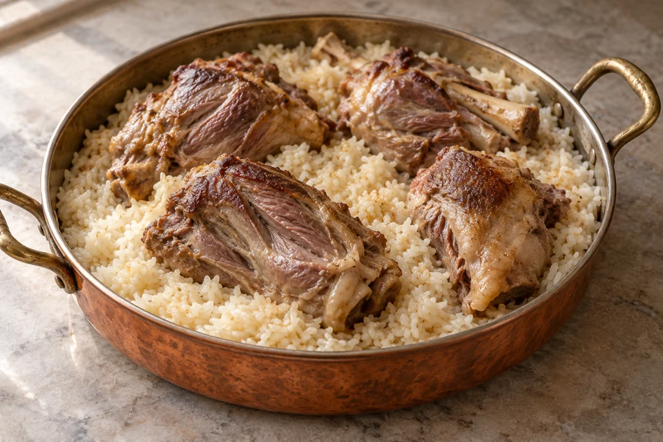 Ankara Tava traditionnelle avec quatre morceaux d'agneau tendres posés sur du riz blanc au beurre aux grains séparés dans un plat rond en cuivre