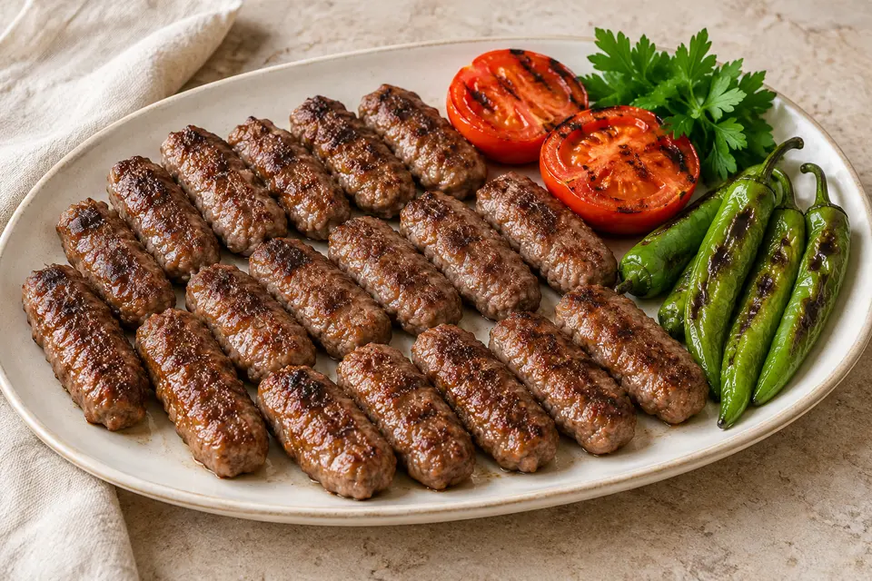 A ceramic platter of slender grilled İnegöl Köfte with charred green peppers, grilled tomato halves and parsley