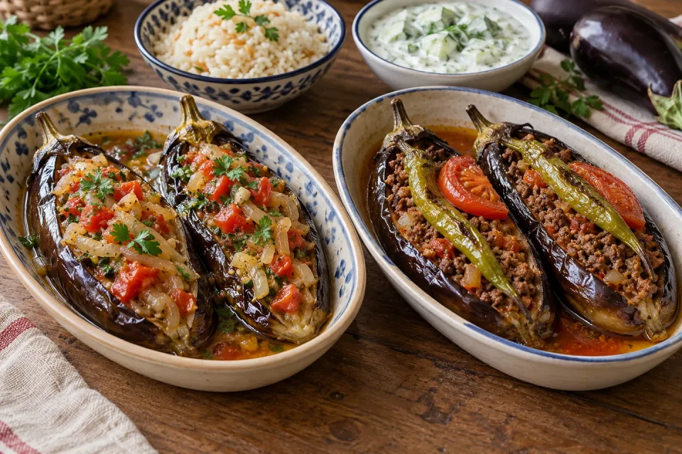 Onion-filled imam bayıldı and meat-filled karnıyarık in separate dishes, with rice pilaf and cucumber yogurt behind them