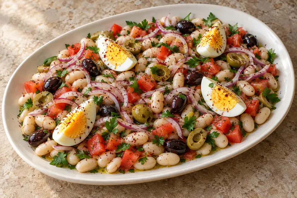Turkish piyaz white bean salad with red onion, tomatoes, parsley, olives and quartered boiled eggs