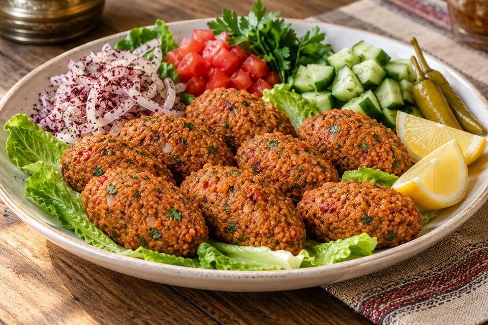 Batırık din Karaman, din bulgur și tahini, cu ceapă cu sumac, roșii, castravete, salată și ardei verzi murați
