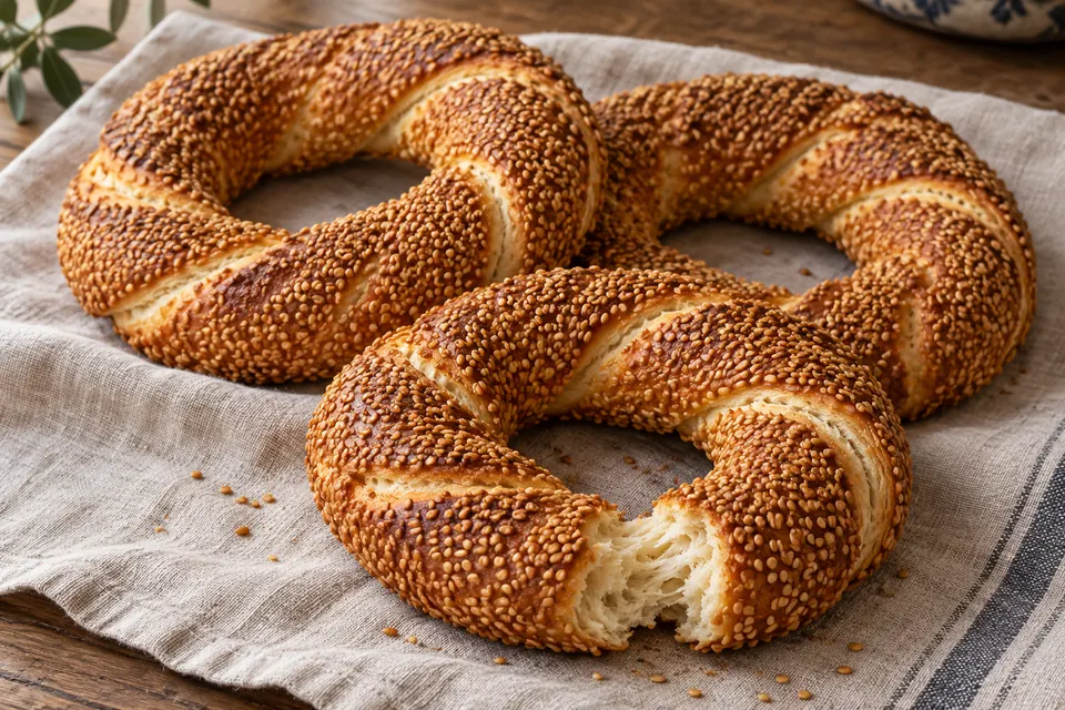 Three twisted sesame-coated Turkish simit rings on linen, with a torn section in the front ring showing the fully baked pale crumb.