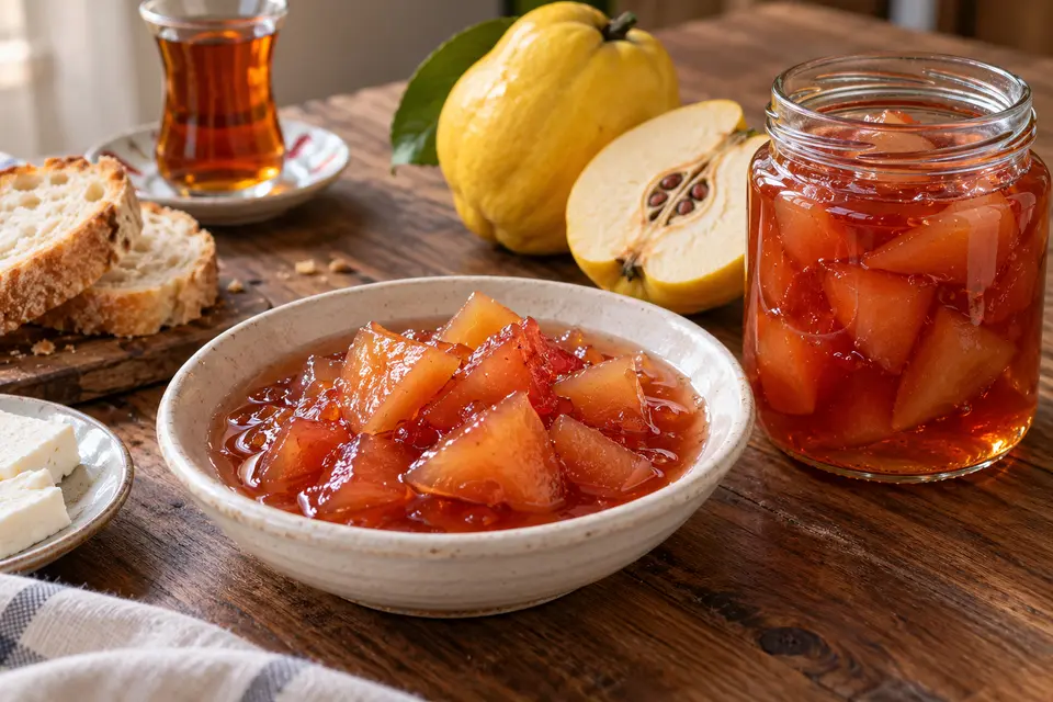 Turkish ayva reçeli with translucent quince pieces in ruby-amber syrup beside fresh quince, bread, cheese and tea