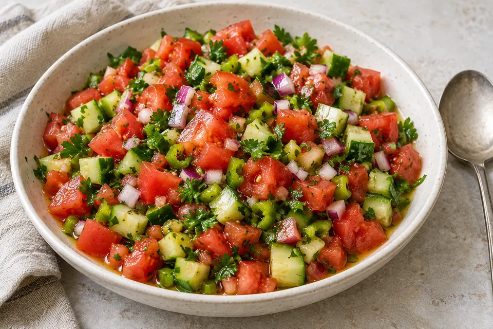 Small hand-cut pieces of red tomato, cucumber, green pepper and red onion with chopped parsley in a shallow cream bowl, lightly dressed with lemon and olive oil.