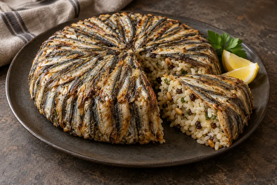 Hamsili Pilav rond couvert d'anchois croustillants, avec une part découpée révélant riz épicé, pignons, raisins de Corinthe et persil