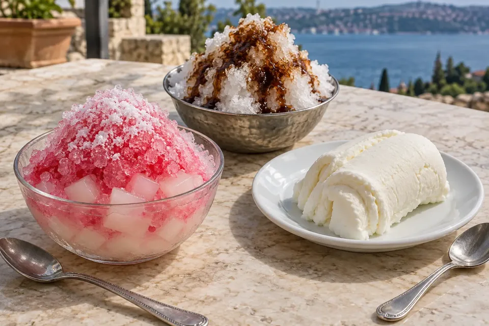 Pink Bici Bici with starch cubes, molasses-topped karsambaç and white Maraş ice cream served separately on a stone table
