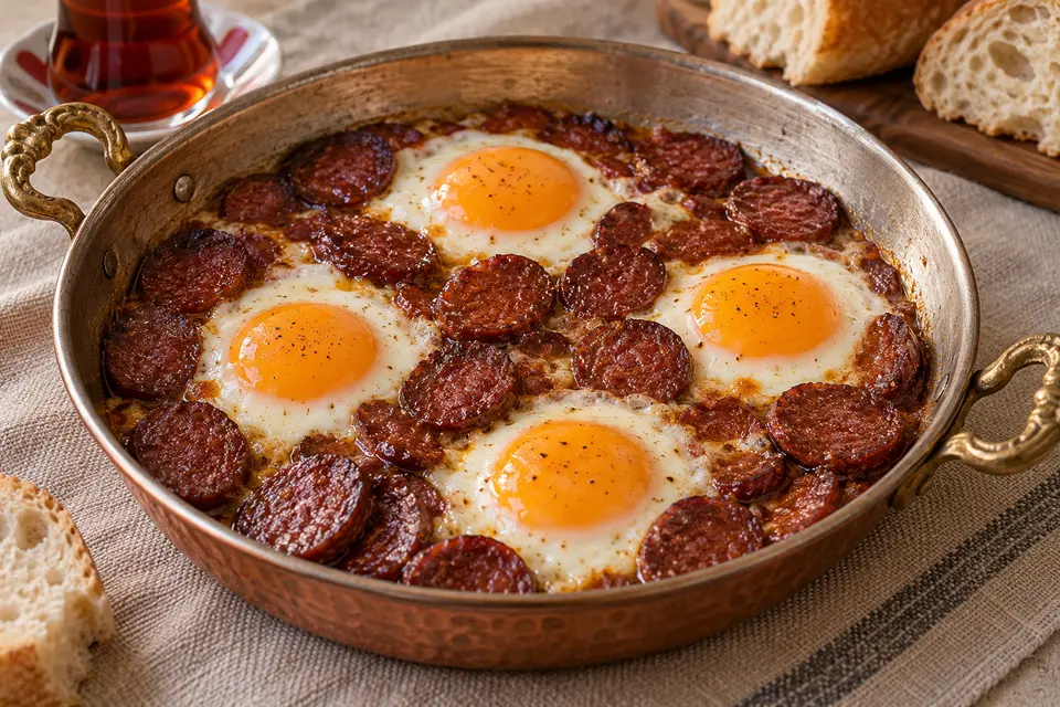 Vier gestockte Spiegeleier zwischen gebräunten Scheiben türkischer Rindfleisch-Sucuk in einer runden Kupferpfanne