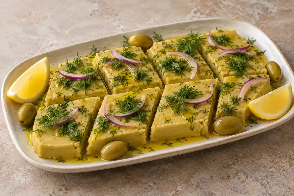 Tranches de Fava turque, purée de fèves à l’huile d’olive, aneth, oignon rouge, olives vertes et citron sur un plat en céramique