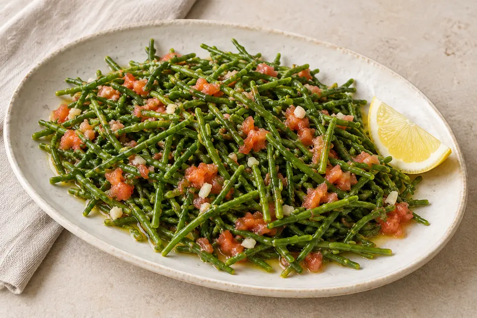 Turkish sea bean salad with grated tomato, garlic, olive oil and a lemon wedge on an oval ceramic plate