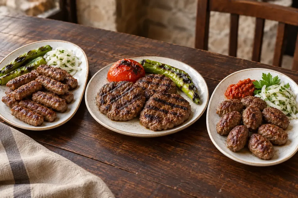 Three plates showing finger-shaped İnegöl köfte, flat charcoal-grilled Akçaabat patties and small oval Tekirdağ köfte with regional accompaniments