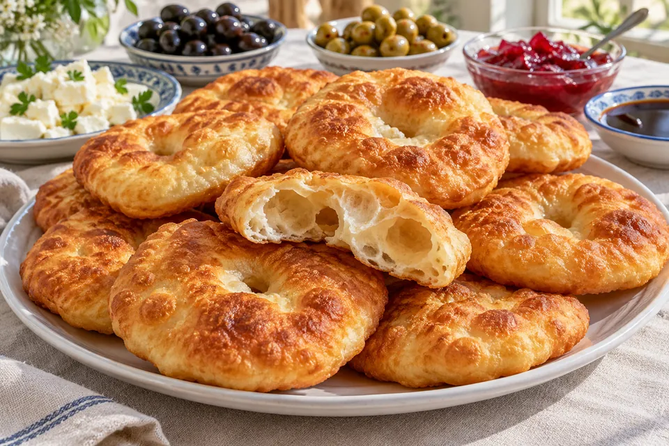 Platou cu pişi turcești aurii și umflate, una ruptă pentru a arăta miezul aerat, alături de brânză, măsline, dulceață de trandafiri și melasă de struguri