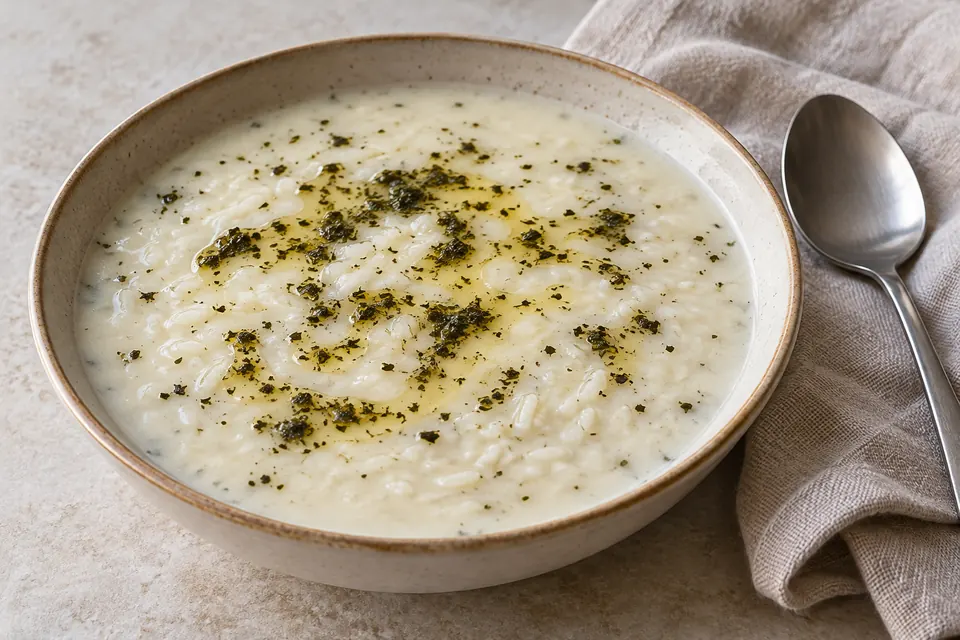 A cream ceramic bowl of ivory Turkish yogurt soup with visible tender rice and a drizzle of golden butter flecked with dried mint, with a spoon alongside.