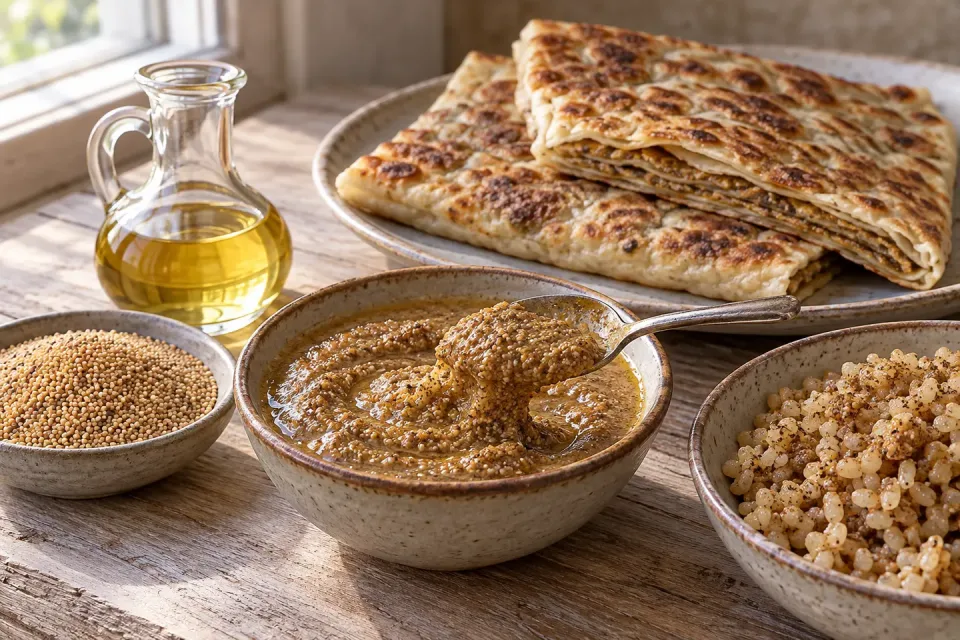 Mohnmus, gelbe Speisemohnsamen und Mohnöl neben Afyon-Katmer und Bulgurpilaw mit Mohn