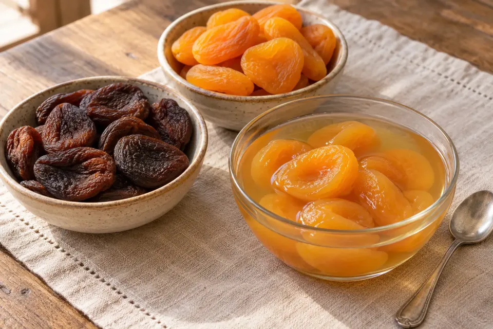 Separate bowls of brown sun-dried and golden dried apricots beside a glass bowl of apricot hoşaf on a simple Turkish table