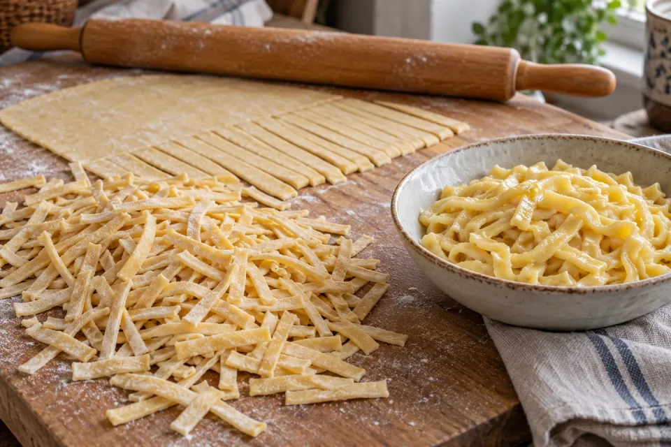Kurze handgeschnittene türkische Erişte auf einem bemehlten Holzbrett neben ausgerolltem Teig, einer Oklava und einer getrennten Schale gekochter Butternudeln